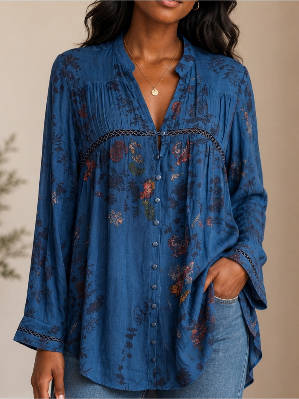 GF a bohemian-style floral tunic button-down shirt dress medium